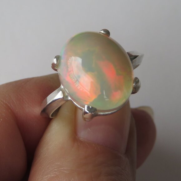 Large Precious Color Play Opal Ring In Sterling Silver - Picture 13 of 17